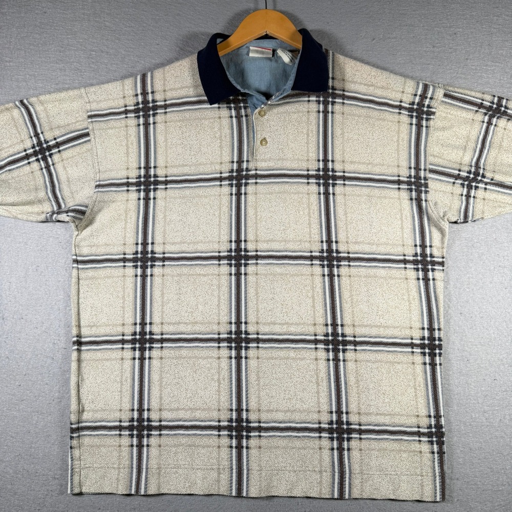 Vintage Bugle Boy Company Mens XL Vintage 90s Plaid‎ Polo Shirt Tan Brown Navy